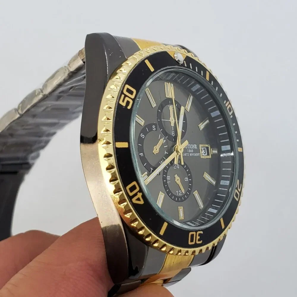 Men's Watch 40MM Dark Gray Dial Gold‎ Black Bracelet Band Date 7.5